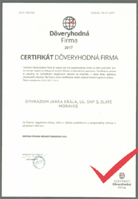 Certifikát dôveryhodná firma pre Gymnázium Janka Kráľa