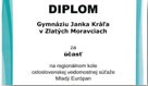 Diplom Gymnáziu Janka Kráľa v Zlatých Moravciach za účasť na regionálnom kole celoslovenskej vedomostnej súťaže Mladý Európan